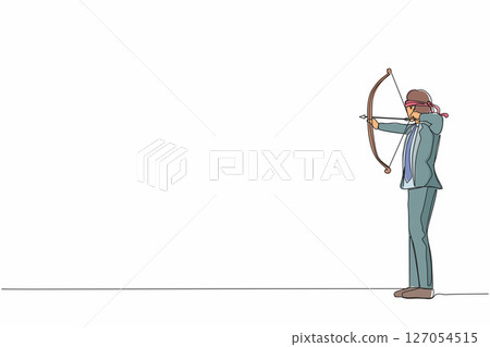 Single continuous line drawing blindfolded businessman shooting arrow. Missed the target. Businessman trying to shoot target with blindfold. Dynamic one line draw graphic design vector illustration Single continuous line drawing blindfolded businessman shooting arrow. Missed the target. Businessman trying to shoot target with blindfold. Dynamic one line draw graphic design vector illustration 127054515