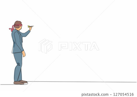 Single one line drawing confused businessman blindfold throwing dart. Unclear target or blind business vision, leadership failure or mistake aiming goal. Continuous line draw design graphic vector 127054516