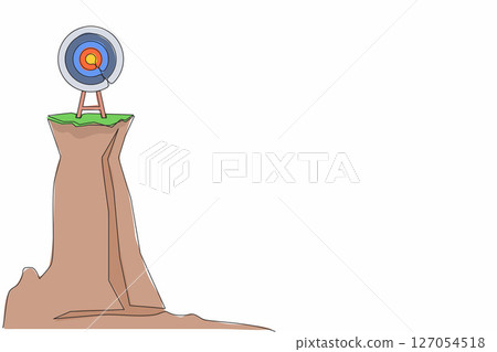 Single continuous line drawing archery target ring with arrows hitting bullseye on cliff. Dartboard on tripod. Goal achieving concept. Business success strategy symbol. One line graphic design vector Single continuous line drawing archery target ring with arrows hitting bullseye on cliff. Dartboard on tripod. Goal achieving concept. Business success strategy symbol. One line graphic design vector 127054518