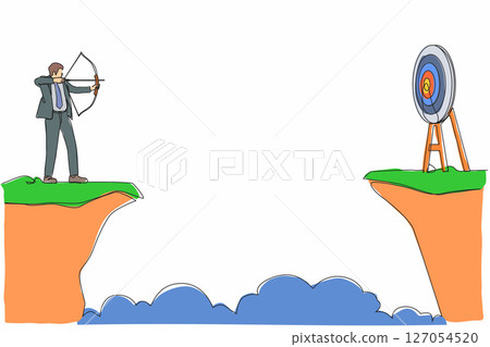 Single one line drawing businessman standing on cliff with archer in hand. Business target goals. Man forced to successful. Shooting target with bow, arrow. Continuous line draw design vector graphic 127054520