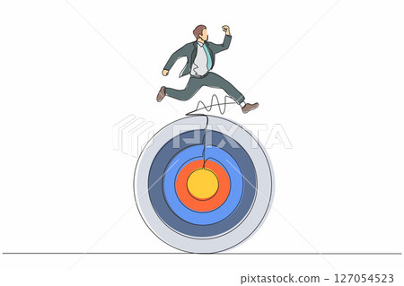 Continuous one line drawing businessman move forward with goals. Businessman running on target. Business competition to success. Marketing career. Single line draw design vector graphic illustration Continuous one line drawing businessman move forward with goals. Businessman running on target. Business competition to success. Marketing career. Single line draw design vector graphic illustration 127054523