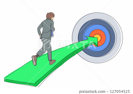 Single one line drawing businessman running on arrow to center of dartboard. Business Concept of targeting and customer. Company vision mission. Continuous line draw design graphic vector illustration 127054525