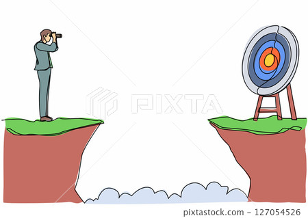 Single one line drawing businessman standing on cliff with binoculars in hand. Business target goals concept. Businessman focus to successful. Continuous line draw design graphic vector illustration 127054526
