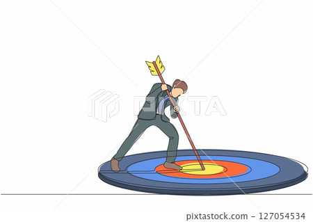 Single one line drawing focus marketing target strategy, businessman mark goal with arrow. Man holding arrow, hits target on ground. Achieving goals. Continuous line draw design vector illustration 127054534
