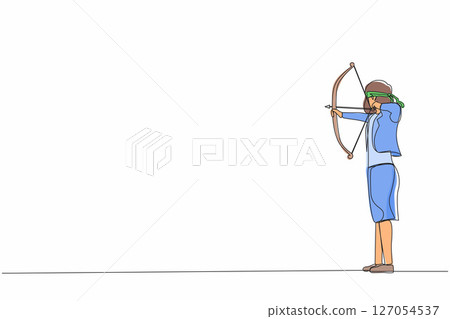 Single one line drawing blindfolded businesswoman shooting arrow. Missed the target. Businesswoman trying to shoot target with blindfold. Modern continuous line draw design graphic vector illustration 127054537