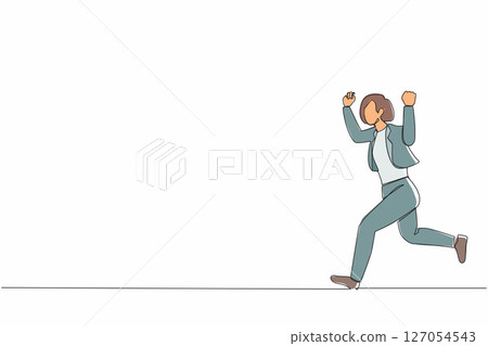 Continuous one line drawing businesswoman running. Business concept. Happy gesture worker. Successful woman in blazer run for work. Business people. Single line draw design vector graphic illustration Continuous one line drawing businesswoman running. Business concept. Happy gesture worker. Successful woman in blazer run for work. Business people. Single line draw design vector graphic illustration 127054543