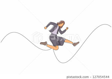 Single continuous line drawing young worker female jumping to show her success. Businesswoman wearing blazer is jump from point to point on white background. One line draw design vector illustration Single continuous line drawing young worker female jumping to show her success. Businesswoman wearing blazer is jump from point to point on white background. One line draw design vector illustration 127054544