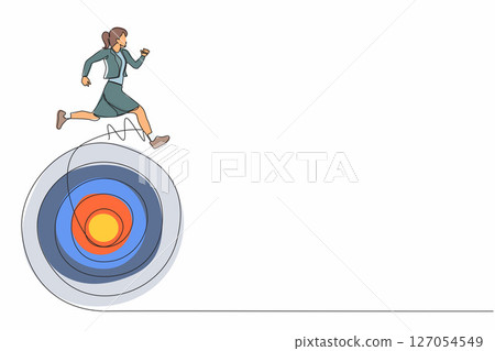 Continuous one line drawing businesswoman move forward with goals. Businesswoman running on target. Business competition to success. Marketing career. Single line design vector graphic illustration Continuous one line drawing businesswoman move forward with goals. Businesswoman running on target. Business competition to success. Marketing career. Single line design vector graphic illustration 127054549