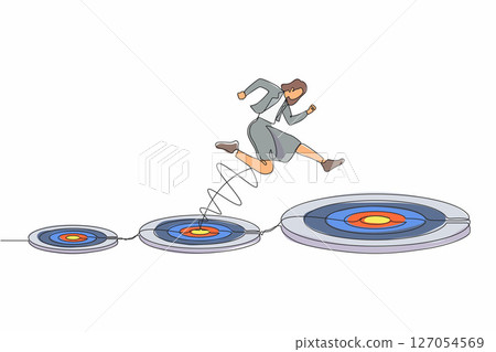 Single one line drawing businesswoman jumping on bigger target, successfully. Advancement in career or business growth concept. Aspiration and motivation. Continuous line draw design graphic vector 127054569