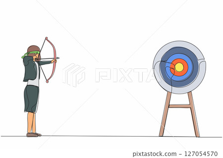 Single one line drawing businesswoman trying to shoot target with blindfold. Trying to achieve goal without vision. Blindfold woman holding bow arrow looking for target. Continuous line design vector 127054570