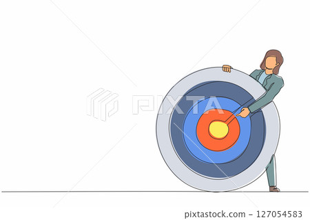 Continuous one line drawing businesswoman holding archer target or dashboard pointing at bullseye. Focus on business target, setting goal for motivation. Single line design vector graphic illustration 127054583