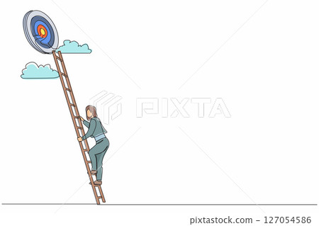 Continuous one line drawing stairs to goal. Cute businesswoman in blazer rises up stairs to top of target. Business concept. Achieving goal. Ladder sky. Strategy to aim. Single line draw design vector 127054586