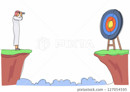 Continuous one line drawing Arabic businessman standing on cliff with binoculars in hand. Business target goals concept. Businessman focus to successful. Single line design vector graphic illustration 127054595
