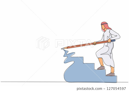 Single continuous line drawing Arab businessman use huge pencil to draw rising up stairs, walk climbing up ladder. Strategy reach business target, career path achievement. One line draw design vector 127054597