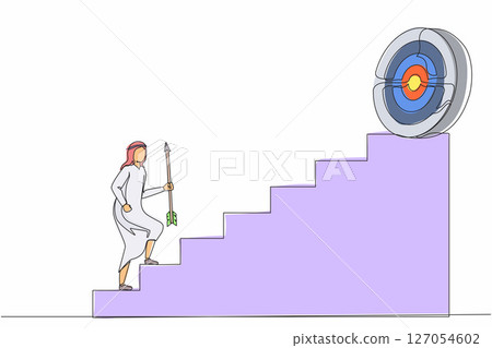 Single one line drawing Arab businessman holding arrow running up stairway to high target. Business concept growth and path to success. Career path. Continuous line design graphic vector illustration Single one line drawing Arab businessman holding arrow running up stairway to high target. Business concept growth and path to success. Career path. Continuous line design graphic vector illustration 127054602