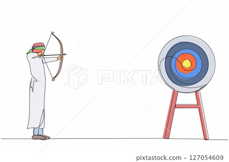 Single one line drawing Arab businessman trying to shoot target with blindfold. Trying to achieve goal without vision. Blindfold man holding bow arrow looking for target. Continuous line design vector Single one line drawing Arab businessman trying to shoot target with blindfold. Trying to achieve goal without vision. Blindfold man holding bow arrow looking for target. Continuous line design vector 127054609