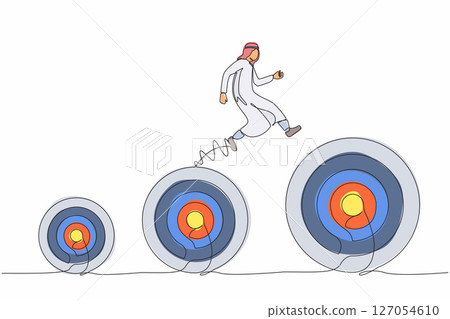 Single continuous line drawing Arabic businessman jumping up higher target career goals. Business next target. Planning, successful. Business metaphor. One line draw graphic design vector illustration 127054610