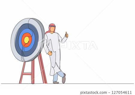 Continuous one line drawing Arabian businessman or manager is standing or leaning the target with thumbs up gesture. Arrow hit the target exactly. Single line draw design vector graphic illustration 127054611