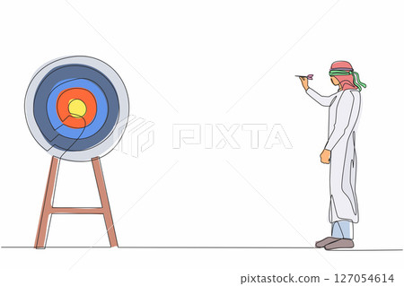 Single continuous line drawing Arabic businessman using blindfold and hit darts target. Confused blindfold businessman with question mark trying to hit target with dart. One line graphic design vector Single continuous line drawing Arabic businessman using blindfold and hit darts target. Confused blindfold businessman with question mark trying to hit target with dart. One line graphic design vector 127054614