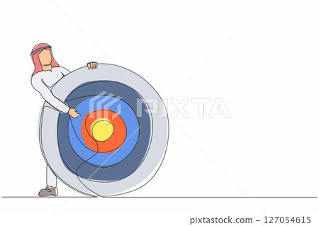 Single one line drawing Arab businessman holding archer target or dashboard pointing at bullseye. Focus on business target, setting goal for motivation. Continuous line draw design vector illustration Single one line drawing Arab businessman holding archer target or dashboard pointing at bullseye. Focus on business target, setting goal for motivation. Continuous line draw design vector illustration 127054615
