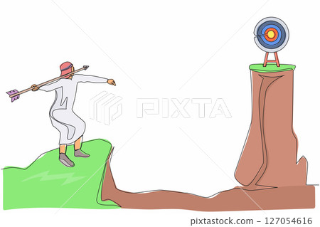 Continuous one line drawing Arab businessman standing on peak of cliff targeting dartboard with big arrow. Man aiming target on cliff. Success business metaphor. Single line draw design vector graphic 127054616