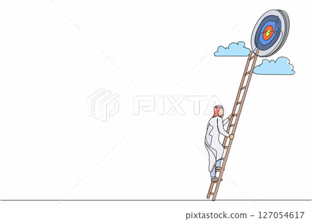 Continuous one line drawing stairs to goal. Arabian businessman rises up stairs to top of target. Business concept. Achieving goal. Ladder sky. Strategy to aim. Single line draw graphic design vector 127054617