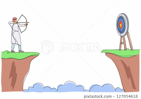 Single continuous line drawing Arab businessman standing on cliff with archer in hand. Business target goals. Man forced to successful. Shooting target with bow, arrow. One line graphic design vector 127054618
