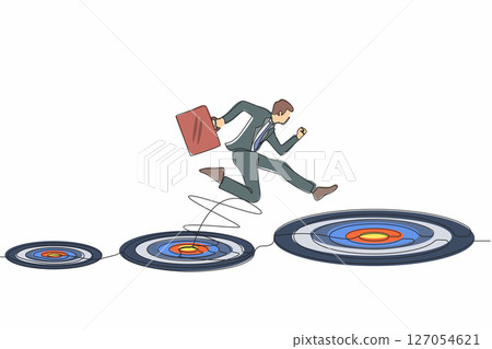 Single one line drawing businessman jumping on bigger target, successfully. Advancement in career or business growth concept. Aspiration and motivation. Continuous line draw design graphic vector 127054621