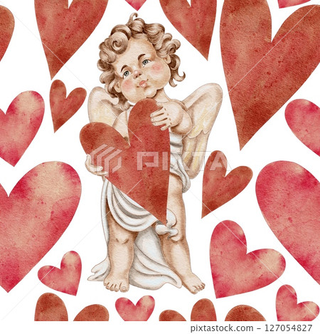 Cupid, big red heart in his hands and man hearts behin him vintage love seamless pattern on white. For Wedding Cards, Valentine's Day, Birthday, Holidays, Invitations, packaging, wallpaper. Cupid, big red heart in his hands and man hearts behin him vintage love seamless pattern on white. For Wedding Cards, Valentine's Day, Birthday, Holidays, Invitations, packaging, wallpaper. 127054827