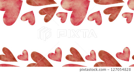 Red and pink hearts seamless border on white. Watercolor illustration for cards, packaging, textile, invitations, holidays Spring, birthday, Valentine's Day, wedding or Mother's Day. 127054828