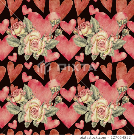 Yellow and pink roses and leaves with big and small pink hearts seamless pattern . Watercolor illustration for cards, invitations, holidays Spring, birthday, Valentine's Day, wedding or Mother's Day. Yellow and pink roses and leaves with big and small pink hearts seamless pattern . Watercolor illustration for cards, invitations, holidays Spring, birthday, Valentine's Day, wedding or Mother's Day. 127054832