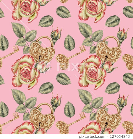 Yellow with pink Roses and Gold retro lock and key heart shaped seamless pattern on pink. For Wedding Cards, Valentine's Day, Birthday, Holidays, Invitations, packaging, textile.  127054843