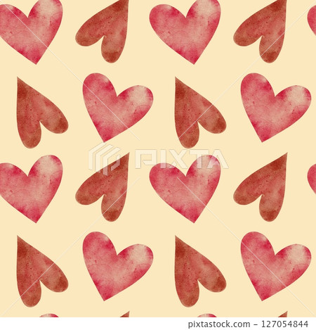 Red and pink hearts seamless pattern on yellow. Watercolor illustration for cards, packaging, textile, invitations, holidays Spring, birthday, Valentine's Day, wedding or Mother's Day. 127054844