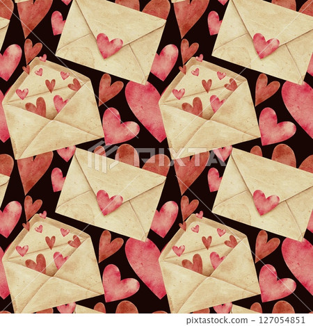 Vintage craft envelopes with hearts seamless pattern on black. Watercolor illustration for cards, packaging, textile, invitations, holidays Spring, birthday, Valentine's Day, wedding or Mother's Day. Vintage craft envelopes with hearts seamless pattern on black. Watercolor illustration for cards, packaging, textile, invitations, holidays Spring, birthday, Valentine's Day, wedding or Mother's Day. 127054851