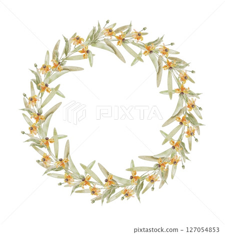 Farm yellow wildflower Rudbeckia with green leaves wreath on white. Watercolor illustration in kids style for textile, decoration children parties, birthday, Easter, Mothers Day. 127054853