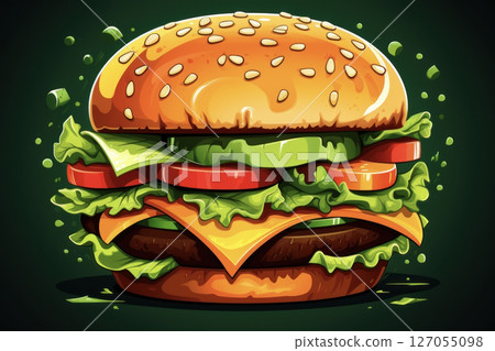 Cartoon appetizing burger on a dark background 127055098