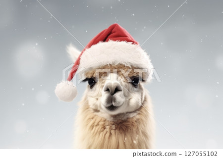 Cute alpaca with santa claus hat on light background Cute alpaca with santa claus hat on light background 127055102