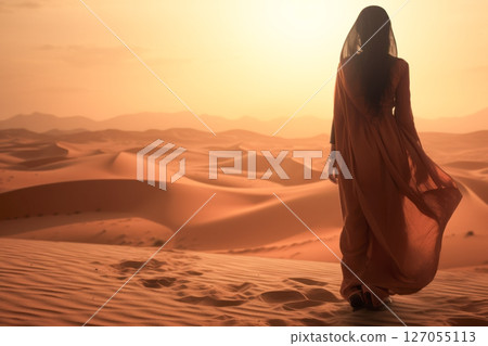 Girl in the desert on a light background 127055113