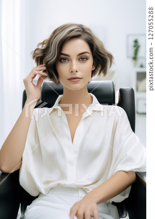 Portrait of a girl in a modern beauty salon on a light background Portrait of a girl in a modern beauty salon on a light background 127055288