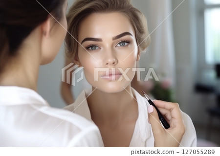 Portrait of a girl in a modern beauty salon on a light background Portrait of a girl in a modern beauty salon on a light background 127055289