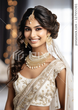 Portrait of an Indian girl bride on a light background Portrait of an Indian girl bride on a light background 127055301