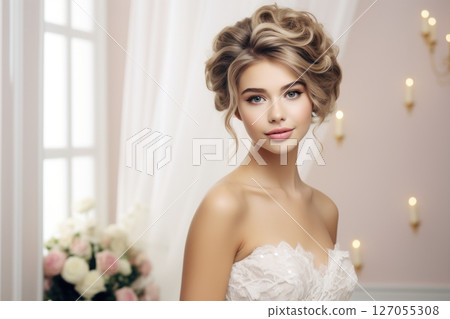 Portrait girl bride on a light background 127055308