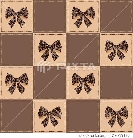 Pattern of leopard print bows on alternating light and dark brown stitched squares. 127055332
