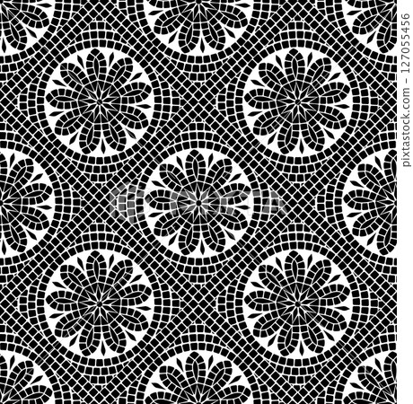 Seamless pattern of circular mosaic tiles featuring stylized floral designs  127055456
