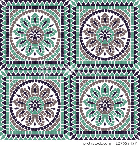 Seamless pattern of square mosaic tiles with mosaic flower surrounded by concentric circles and geometric borders Seamless pattern of square mosaic tiles with mosaic flower surrounded by concentric circles and geometric borders 127055457