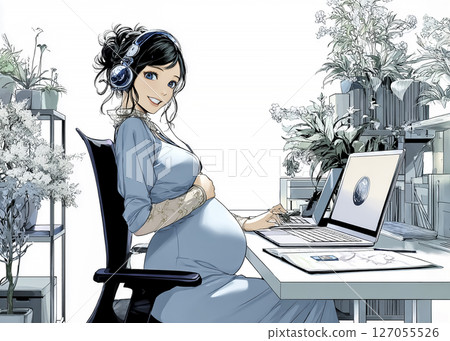 Illustration material of a working pregnant woman - Desk work 127055526