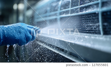 High-pressure cleaning of the inside of the air conditioner by a professional 127055601
