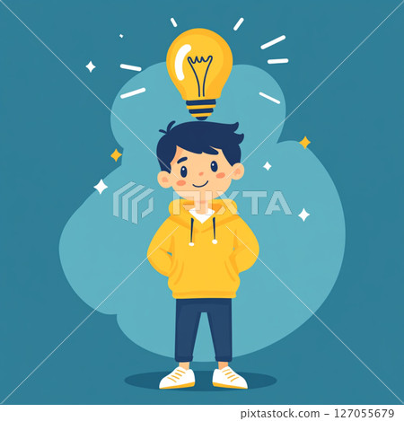 Cartoon Vector of a Smart Boy with Light Bulb Overhead Symbolizing a Great Idea 127055679