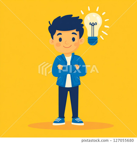 Cartoon Vector of a Smart Boy with Light Bulb Overhead Symbolizing a Great Idea 127055680