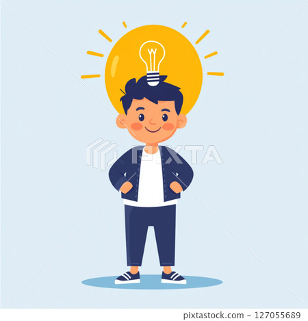 Cartoon Vector of a Smart Boy with Light Bulb Overhead Symbolizing a Great Idea 127055689
